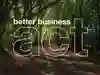 A forest path surrounded by tall trees with sunlight filtering through the leaves. Overlaid on the image is the text “better business act” with "act" in large, outlined lowercase letters.