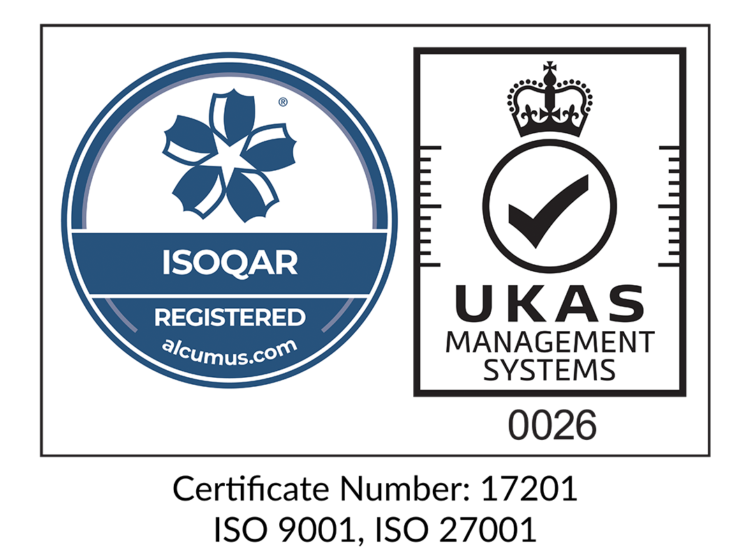 ISOQAR Registered, UKAS Management Systems Logo, ISO 9001, 27001.