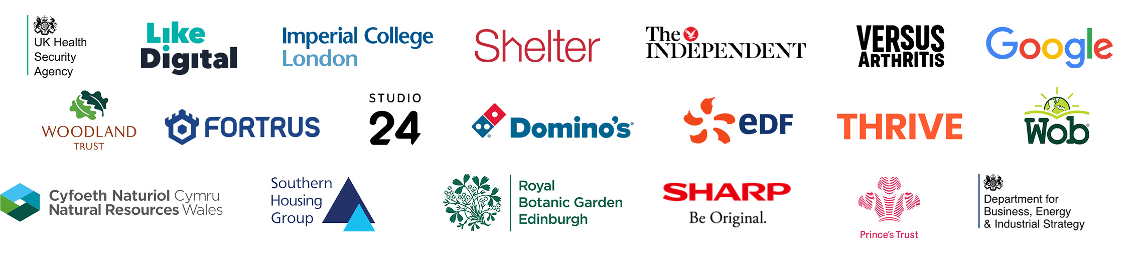 A collage of client logos including: Shelter, Google, Thrive, Studio 24, Dominio's Pizza, EDF, The Independent and Southern Housing Group.